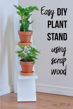 three potted plants sitting on top of each other in front of a wall with the words easy diy plant stand using scrap wood