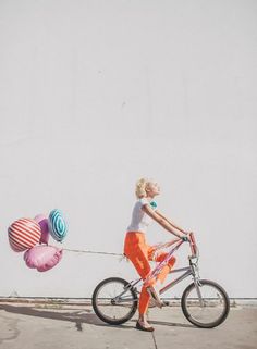 Max Wanger | Ban.do Summer Look Book Girls With Sleeve Tattoos, Bike Photoshoot, Riding A Bike, Mountain Bike Shoes, Black And White Sketches, Bubble Balloons, Bicycle Girl, Creature Comforts, Color Crush