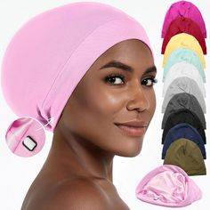 a woman wearing a pink turban with six different colors on the top and bottom