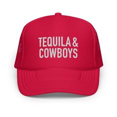 Tequila And Cowboys Red Embroidered Trucker Hat Elevate Your Style With High-Quality Hats, Shipped Fast! Red Trucker Hat With Letter Print, Adjustable Red Hat With Letter Print, Red Trucker Hat With Letter Print And Curved Brim, Red Snapback Hat With Letter Print, Red Adjustable Snapback Hat With Letter Print, Red Trucker Hat With Letter Print And Flat Brim, Quality Hats, Elevate Your Style, Tequila