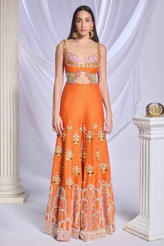 Embroidered Orange Palazzo Set, Bollywood Style Embellished Silk Palazzo Set, Festive Bohemian Orange Sharara, Festive Orange Bohemian Sharara, Bollywood Style Embellished Sharara For Summer, Bohemian Orange Sets With Zari Work, Festive Embroidered Silk Pants, Summer Festive Embellished Pants, Festive Embellished Summer Pants