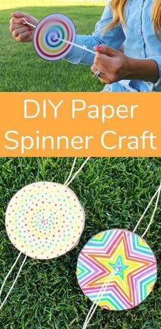 two paper spinner crafts with text overlay that says diy paper spinner craft