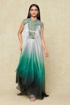 Emerald ombre handkerchief hem dress with metallic embellished yoke. Comes with coordinating belt and inner slip dress. - Aza Fashions Amit Aggarwal, Handkerchief Hem Dress, Ombre Dress, Handkerchief Hem, Indo Western, Band Collar, Hem Dress, Dress For Women, Aza Fashion