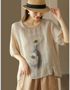 Details: Gender: Women Item Type: T-Shirt Material: Linen Pattern Type: Print Season: Summer Style: Leisure, Daily, Retro Occasion: Going Out, Daily Size: One Size Length: 57.00 - 62.00 cm/ 22.44 - 24.41 " Bust: 118.00 cm/ 46.46 " Shoulder: 42.00 cm/ 16.54 " Sleeve: 30.00 cm/ 11.81 " Beige Graphic Print Shirt For Summer, Beige Shirt With Graphic Print For Summer, Beige Short Sleeve Tops For Summer, Beige Graphic Tee For Summer, Beige Relaxed Fit Crew Neck Top, Beige Short Sleeve T-shirt For Spring, Beige Relaxed Fit Top With Graphic Print, Summer Beige Half Sleeve Tops, Summer Beige Half-sleeve Tops