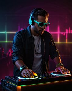 a man with headphones on mixing music in front of sound waves and neon lights