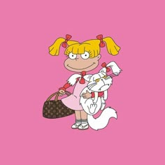 a cartoon character holding a cat on top of a pink background