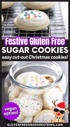 a glass jar of sugar cookies with white icing and sprinkles Gluten Free Sugar Cookies Easy, Sugar Cookies Kids, Gluten Free Icing, Gluten Free Sugar Cookies Recipe, Gluten Free Christmas Recipes, Holiday Dessert Table, Gluten Free Christmas Cookies, Gluten Free Sugar Cookies, Cookie Platter