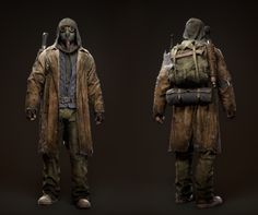 two different views of a man in a gas mask and trench coat, standing next to each other