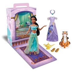 the princess and the frog doll are in their box with its accessories including a toy tiger