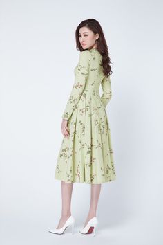 Long Midi Dress, Romantic Dress, Long Sleeve Midi Dress, Floral Midi Dress, Linen Dress, Pleated Skirt, Long Dress, Neck Dress, High Neck Dress