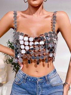 Sequin Bra Silver Metallic Sequined Party Crop Top, Metallic Sequin Crop Top For Party, Silver Crop Top For Summer Party, Glamorous Silver Tank Top For Party, Sleeveless Silver Crop Top For Club, Glamorous Silver Party Tank Top, Sequin Silver Tank Top For Night Out, Sequined Silver Tank Top For Night Out, Silver Sequined Tank Top For Night Out