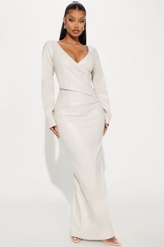 Available In Cream And Burgundy. Faux Leather Maxi Dress Surplice Neckline Long Sleeves Ruched Back Zipper Back Slit Lined Stretch Self: 50% Polyurethane 50% Polyester Lining: 100% Polyester Imported | Margot Faux Leather Maxi Dress in Cream size Small by Fashion Nova Wedding Guest Dress Long Sleeve, Wedding Guest Dress Long, Leather Maxi Dress, Dress Etiquette, After Wedding Dress, White Party Outfit, Yodit Yemane, Cream Fashion, Wedding Brunch