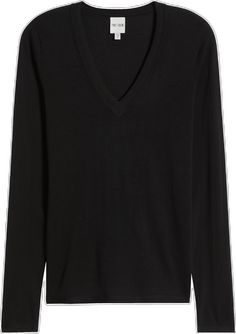 Elegant Black Fine Knit V-neck Sweater, Black V-neck Top For Fall, Black Long Sleeve V-neck Sweater For Layering, Stretch Black V-neck Sweater, Elegant Black V-neck Top For Fall, Black V-neck Top For Workwear In Fall, Black V-neck Top For Fall Workwear, Black V-neck Sweater For Layering, Black Fine Knit V-neck Top