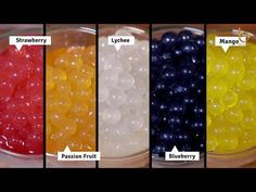 four different colors of beads in a bowl with labels on each side and below them