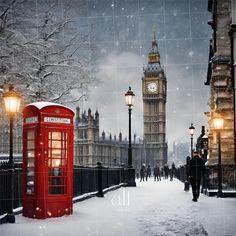 the big ben clock tower towering over the city of london covered in snow as people walk by