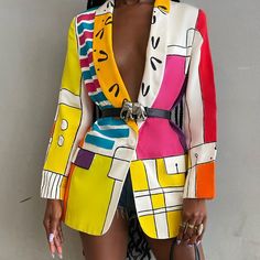 Multicolor Outerwear With Lapel Collar For Spring, Multicolor Lapel Collar Outerwear For Spring, Multicolor Fall Blazer With Lapel Collar, Trendy Summer Blazer With Button Closure, Trendy Summer Outerwear With Lapel Collar, Multicolor Long Sleeve Outerwear For Day Out, Summer Long Sleeve Blazer With Button Closure, Casual Multicolor Blazer With Pockets, Retro Lapel Collar Blazer For Spring