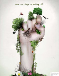 a poster with an image of a hand holding trees and flowers in the middle of it