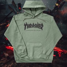 Brand New (Nwot) Thrasher Hoodie (Military Green) With Thrasher Flame Logo On Front (Black). Khaki Hoodie Sweatshirt For Streetwear, Khaki Hoodie For Winter Streetwear, Winter Khaki Hoodie For Streetwear, Khaki Sweatshirt For Winter Streetwear, Winter Khaki Sweatshirt For Streetwear, Winter Streetwear Khaki Sweatshirt, Khaki Sweatshirt For Streetwear In Fall, Khaki Casual Hoodie For Streetwear, Casual Khaki Hoodie For Streetwear