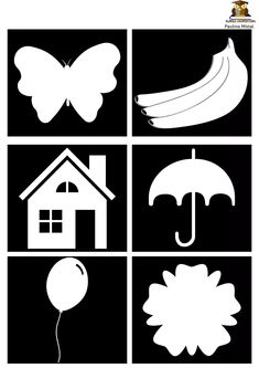 four different silhouettes of house, umbrella, and tree with butterfly on black background