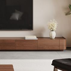 a living room scene with focus on the entertainment center and large screen television in the background