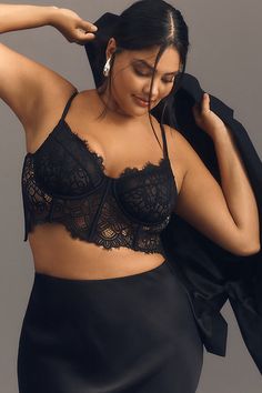 The top-rated Giselle is a longline bustier complete with underwire cups, bodice boning, and flirty eyelash lace detail. | The Giselle Lace Bustier by Anthropologie in Black, Women's, Size: Medium, Nylon/Elastane Lace Bustier, Black Corset, Bustier Top, Lace Bralette, Lace Detail, Top Rated, Bralette, Bodice, Anthropologie