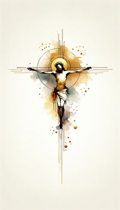 an artistic painting of a person on the cross