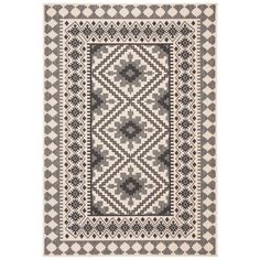 a gray and white rug with an intricate design on the bottom, in front of a white background