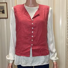 Extra Large Petite Isabella Bird Linen Red Orange Loose Button Down Vest Color: Scarlet Flapped V Neck Size: Xp 100% Linen Can Be Unbuttoned Shoulder To Shoulder (Shoulder Width): 15 ½” Armpit To Armpit (Bust): 21” Arm Hole Width: 8” Bottom Hem Width : 22 ½" Full Length: 21” Mother Of Pearl Buttons Excellent As Nwot Condition No Stains, Holes Nor Tears At All Clean And Smoke Free Home Quick Shipping- All Items Are Shipped Daily As Long As Usps Is Open. Make Me Offers! Message Me With Any Questio Fitted Blouse For Layering With Buttons, Red Button-up Blouse For Daywear, Red Buttoned Blouse For Daywear, Red Buttoned Tops For Daywear, Red Button Tops For Daywear, Red Button Blouse For Daywear, Spring Vest With Buttons For Daywear, Casual Vest With Buttons For Daywear, Casual Daywear Vest With Buttons