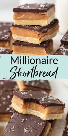 chocolate and peanut butter shortbreads stacked on top of each other with the title overlay