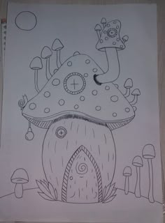 a drawing of a mushroom house in the woods