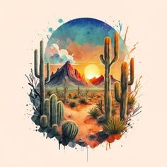 the desert with cacti and mountains is shown in this watercolor painting style