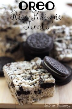 oreo rice krispy treats on a cutting board with cookies and oreos in the background