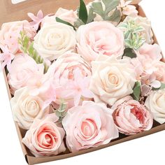 a box filled with lots of pink flowers