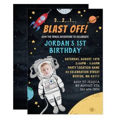 an outer space themed birthday party with a rocket ship and astronaut's suit on it