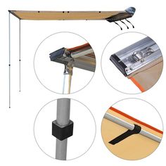 four different types of awnings and poles