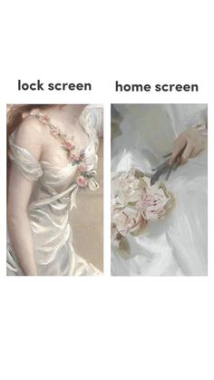 there are two pictures with the same woman in white dress and one is holding flowers