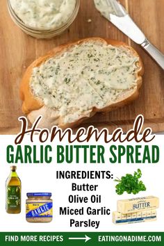 homemade garlic butter spread recipe with ingredients on cutting board