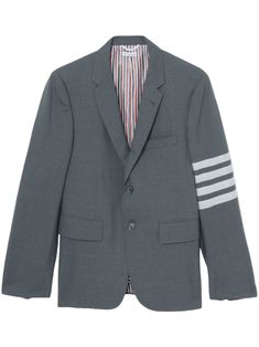 grey wool signature 4-Bar stripe signature grosgrain loop tab notched lapels long sleeves buttoned cuffs front button fastening chest welt pocket two side flap pockets striped lining Breasted Blazer, Mens Outerwear, Thom Browne, Sport Coat, Flap Pocket, Welt Pocket, Outerwear Jackets, Single Breasted, Blazer Jacket