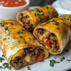 two burritos on a plate with sauce and parsley