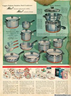 an advertisement for cookware from the 1950's with pictures of pots and pans