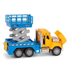 a yellow and blue toy truck with stairs on it's flatbed, in front of a white background