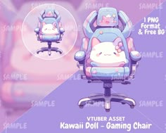 the chair has hello kitty on it and is purple with white writing that says kawaii doll gaming chair