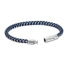 Make a bold impression with this blue foxtail chain bracelet. Solid stainless steel with blue ion plate 5.0mm width 8.5 inches; deployment buckle clasp Blue Bracelets With Stainless Steel Clasp As A Gift, Blue Jewelry With Stainless Steel Clasp For Gift, Modern Blue Jewelry With Stainless Steel Clasp, Steel Blue, Chain Bracelet, Buckle, Stainless Steel, Bracelet, Chain