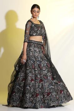 Black net lehenga with an attached cancan and dori, sequins and cutdana hand embellishments. Comes with a padded blouse and a dupatta. - Aza Fashions Black Net Lehenga, Cape Lehenga, Kurta Lehenga, Blouse Lehenga, Square Neck Blouse, Lehenga Pattern, Padded Blouse, Net Lehenga, Lehenga Skirt