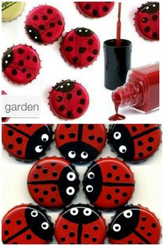 ladybug bottle caps with eyes and lips painted on them to look like ladybugs