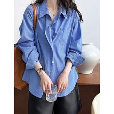 Z-211-33 Relaxed Fit Light Blue Blouse With Pockets, Light Blue Blouse With Pockets For Spring, Blue Office Shirt With Pockets, Blue Button-up Blouse With Pockets, Blue Relaxed Fit Shirt For Office, Oversized Blue Blouse For Work, Blue Blouse With Pockets For Daywear, Blue Cotton Blouse With Pockets, Blue Cotton Blouse For Fall