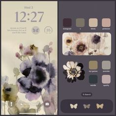 Flower Iphone Layout, Ios Lockscreen Widget, Purple And Green Phone Theme, Purple Aesthetic Homescreen Ideas, Phone Layout Ideas Purple, Purple Layout Iphone, Cute Ios Layout, Purple Iphone Wallpaper Aesthetic