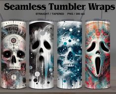 four different types of tumbler wraps with skulls and faces painted on them in various colors