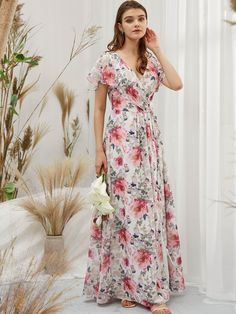 Blush Pink Maxi Dress, Floral Frocks, Floral Print Maxi Dress, Formal Gown, Gowns With Sleeves, Frock Design, Pink Maxi Dress, Party Gowns, Inspired Dress