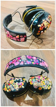 large headphones covered in pink and yellow glittery stickers Noise Cancelling Headphones Aesthetic, Sensory Headphones, Diy Headphones Decoration, Headphones Decoration, Custom Headphones, Diy Headphones